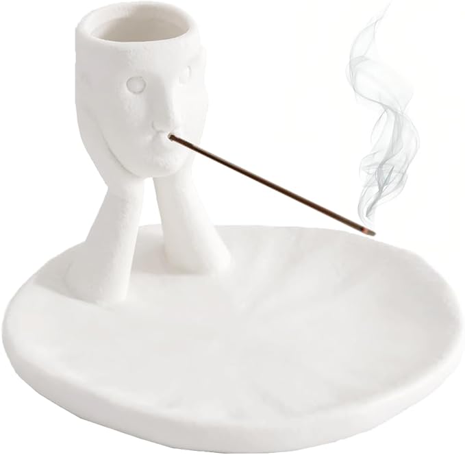 Incense Holder Modern Ceramic, Creative Incense Burner Head Sculpture Figurine Jewelry Dish Trinket Tray Incense Ash Catcher for Burning Sage Stick Unique Gift Home Decor (White)