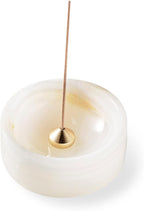 Pearly Onyx Japanese Incense Holder for Sticks, Cone Ash Catcher Bowl,Marble Incense Stand Set with Sandalwood Sticks & 2 Brass Burners, Minimalist, Zen, White