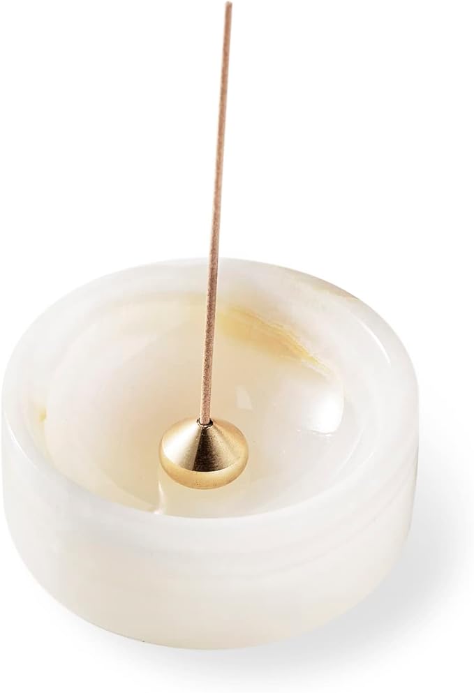 Pearly Onyx Japanese Incense Holder for Sticks, Cone Ash Catcher Bowl,Marble Incense Stand Set with Sandalwood Sticks & 2 Brass Burners, Minimalist, Zen, White