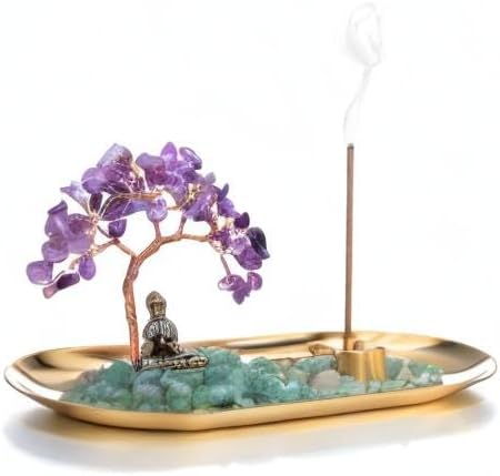 Jovivi Crystal Incense Holder for Sticks, Amethyst Healing Crystal Stone Money Tree Buddha Statue Set Incense Burner, Incense Trays for Wealth, Good Luck,Yoga Meditation Home Decor