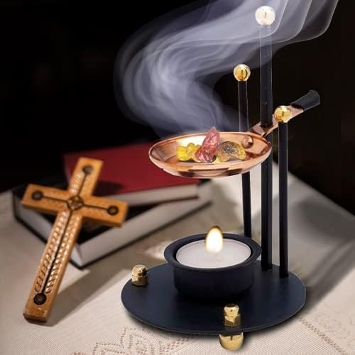 Handmade Quality Incense Burner (Incense Censer and Smoker with Copper Pan – Adjustable Height 6.3 Inches with Tealight (Included) for Aromatherapy