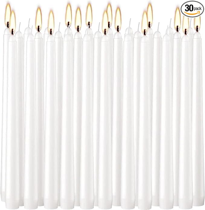30 Pack of 10 Inch White Unscented Taper Candles-8 Hour Long Burning Dripless Table Candles for Wedding, and Home Decoration