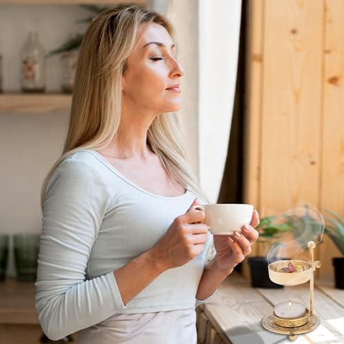 Handmade Gold Brass Incense Burner/Incense Censer with Sieve – Adjustable Height 4.33 Inch Adjustable Incense Heater for Aromatherapy with Tea Light Included