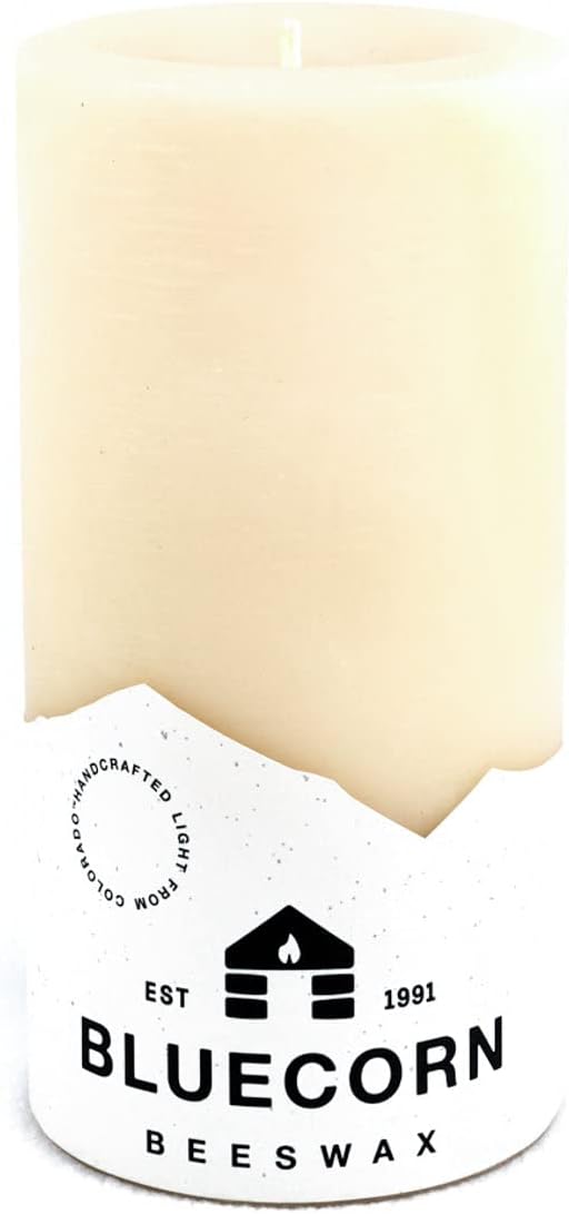 Bluecorn Beeswax 100% Pure Beeswax Pillar Candles | Ivory White Beeswa, Unscented | Soy, Paraffin, & Fragrance Free | 3x6, 90 Hour Burn Time | Handmade in Colorado