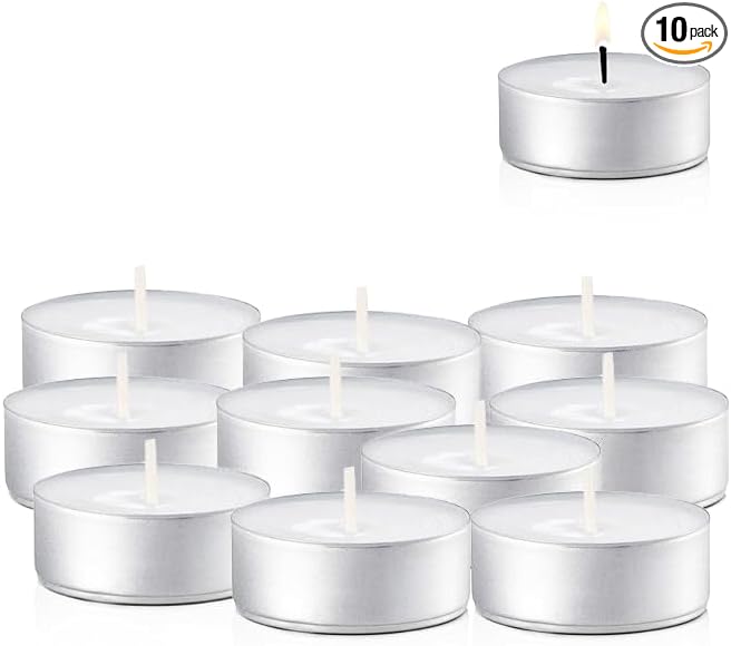 Unscented Tea Lights Candles White, Smokeless, Dripless & Long Lasting Paraffin Small Votive Mini Tealight Candle for Home, Pool, Shabbat, Weddings & Emergencies (10-Pack)