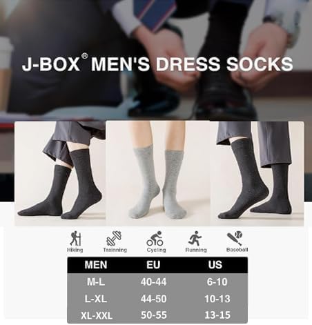 J-BOX Men's Cotton Crew Socks-Wicking Black Dress Socks, Anti-Odor&Breathable for Business/Casual, Size 6-15