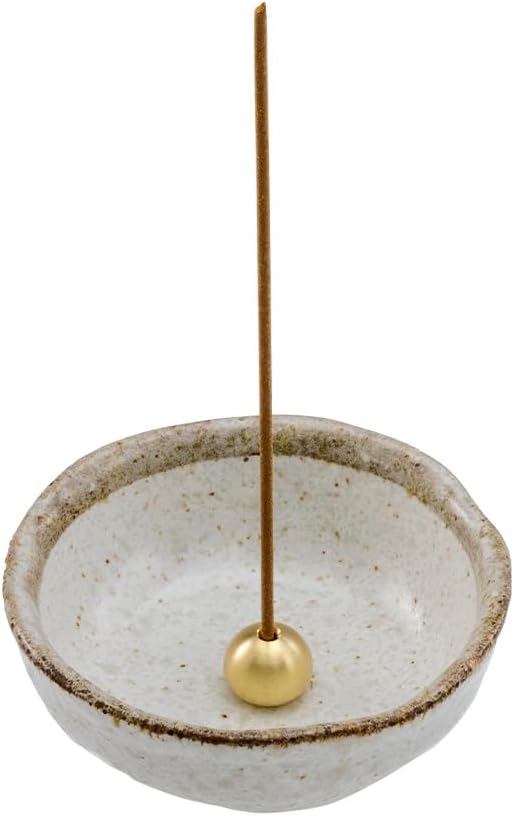Asayu Japanese Small Mini Incense Holder for Sticks 3.3 inch (83mm), Made in Japan Ceramic Ash Catcher and Brass Incense Burner Set for Yoga, Meditation (Small Pearl Incense Holder)