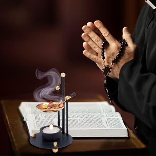 Handmade Quality Incense Burner (Incense Censer and Smoker with Copper Pan – Adjustable Height 6.3 Inches with Tealight (Included) for Aromatherapy