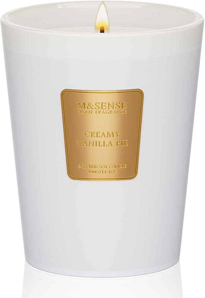M&SENSE Creamy Vanilla Pie Scented Natural Soy Wax Candle, 14.1oz 60 Hours Long Lasting Slow Burning Candles for Home Decor, Aromatherapy Candle for Stress Relief