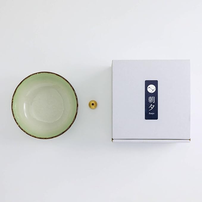 Asayu Japanese Lotus Incense Holder for Sticks 4.1 inch (105mm), Traditional Made in Japan Ceramic Ash Catcher and Brass Incense Burner Set - Light Green