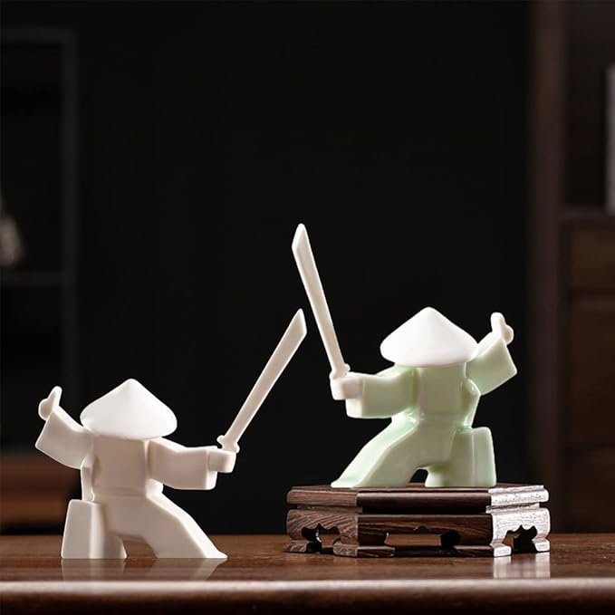 LYART Samurai Statue Decor Japanese Warrior Decor Children's Room Statues, Kongfu Tea Pet Decoration, Incense Holder for Stick Burner(White2 and Green2)