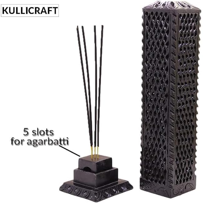 Handmade Marble Black Soapstone Incense Stick Burner | Candle Stick Holder | Tea Light Burner - Perfect Jaali Carving for Gifting. Decorative Home and Kitchen Decor (3 x 3 x 11 Inches).