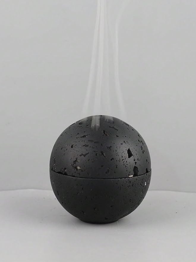 9 Holes Handmade Round Incense Resin Burner Holde, Minimalist Sphere Incense Frankincense Burner, Ravertine Incense Cone Holder for Yoga Meditation Spa Reading (Black)