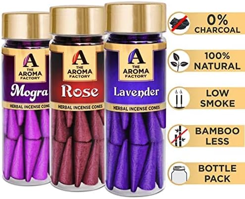The Aroma Factory Organic Dhoop Cones | Rose, Mogra & Lavender Incense Cones |No Charcoal, Scented Incense | 3x30 Cones, Pack of 3