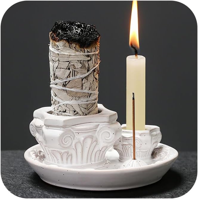 4-in-1 Ceramic Incense Holder & Ash Catcher Tray, Multi-Functional Design for Sage, Palo Santo, Incense Sticks, and Candles- Elegant White Tray for Meditation, Yoga and Home Decor