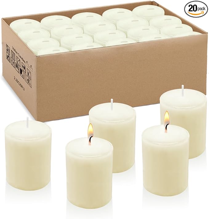 15 Hour Ivory Votive Candles, Bulk Unscented Small 1.5 Inch Diameter 2.25 Inch Tall Wax Candles for Wedding, Party & Home Dinner Table Decoration, 20 Packs
