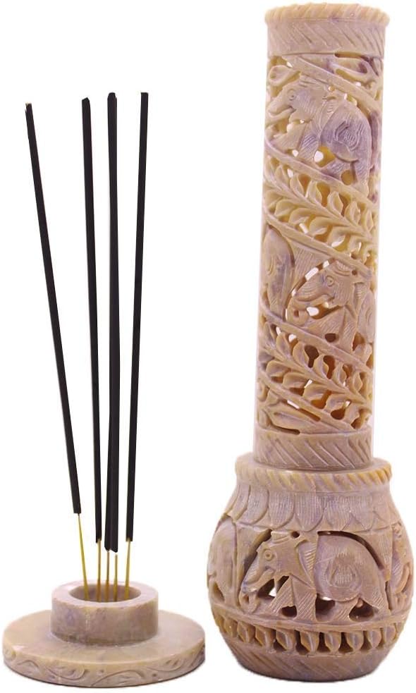 Carry Me Hand Carved Soapstone Incense Stick Holder | Candle Burner | Tea Light Stand. Elephant Jaali Carving Bottle Shape. Decorative Home and Kitchen Decor - (3x3x10.5 Inches)