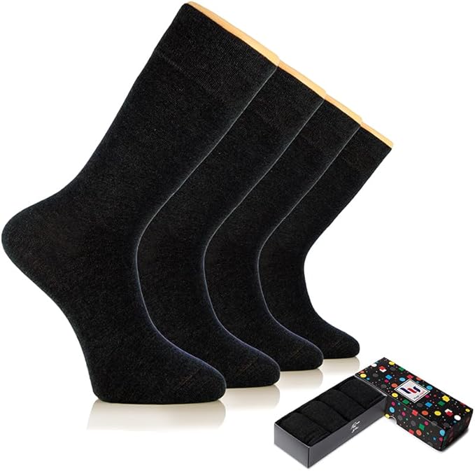 Hugh Ugoli Men's Bamboo Dress Socks for Business & Trouser, Thin & Seamless Crew Socks, 4 Pairs with Gift Box, Shoe Size 8-12