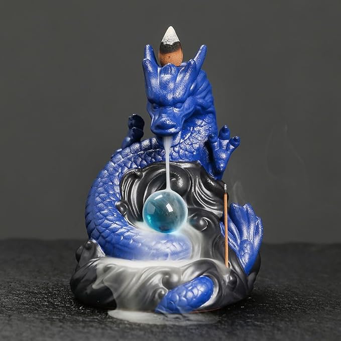 Dragon Waterfall Incense Burner,Backflow Incense Burner with 20 Incense Cones and 30 Incense Sticks，Ceramic Incense Cone Holder Used for Relaxation, Meditation, and Home Decoration (Blue)