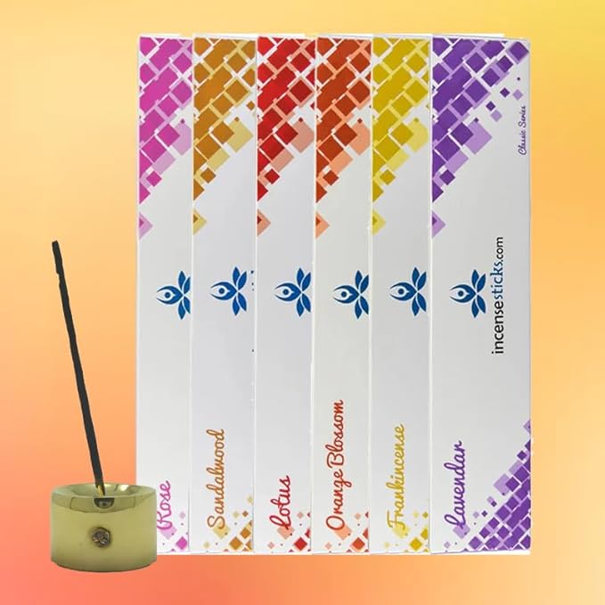 Classic Incense Set (10") – Incense Pack of 6 & Burner – Includes 1 Pack Each of Lavender, Frankincense, Orange Blossom, Lotus, Sandalwood & Rose – 12 Sticks per Pack