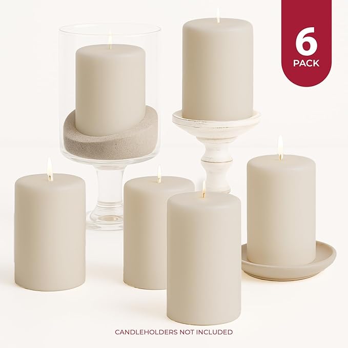 Biedermann & Sons Dripless Unscented Pillar Candles, 45-Hour Burn Time, Champagne, 3 x 4 Inch - Set of 6
