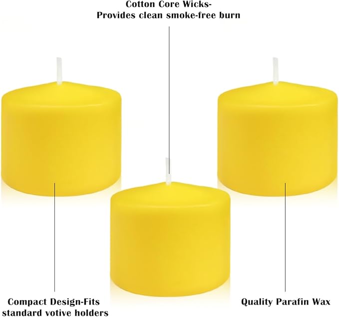 9 Packs Unscented Yellow Votive Candles, Small 1.5 Inch Diameter 1.25 Inch Colored Votives for Home Holiday Party Wedding Dinner Table - 8 Hour Burning Time