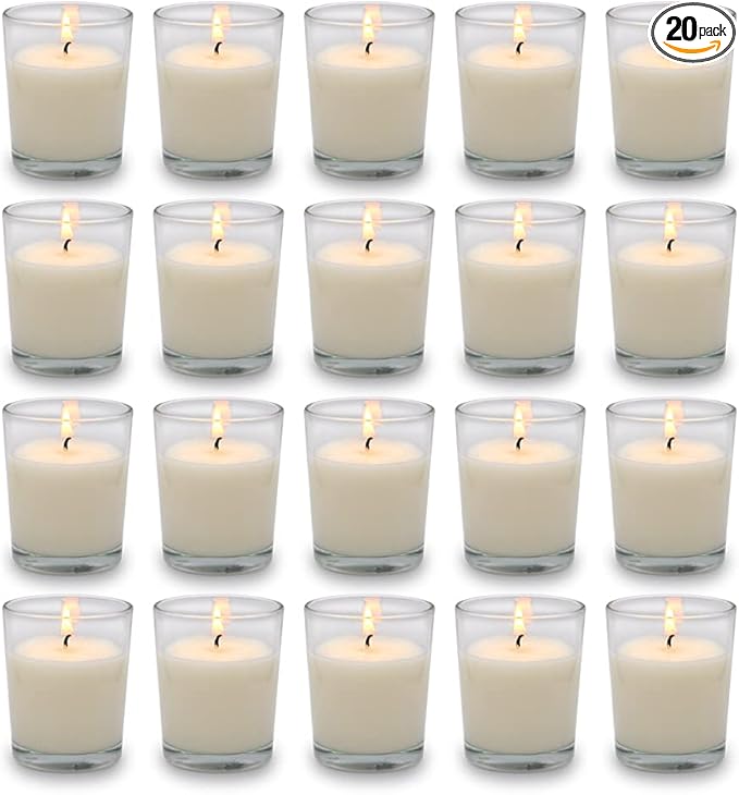 Set of 20 White Votive Candles Clear Glass Filled Unscented Soy Wax Candle for Home Spa Weddings Birthday Holidays Party and DIY