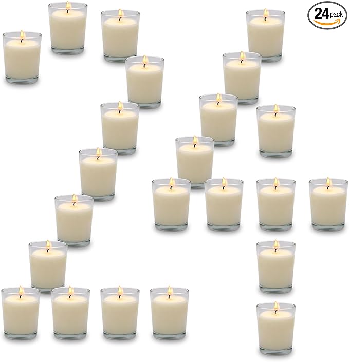 Set of 24 White Votive Candles for Home Décor Weddings Holidays Party and DIY, Unscented Soy Wax Candle Filled in Clear Glass