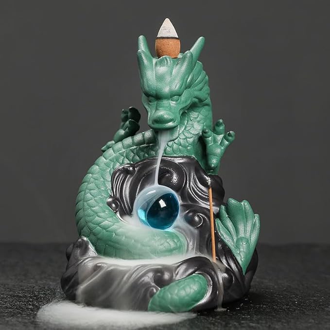 Dragon Waterfall Incense Burner,Backflow Incense Burner with 20 Incense Cones and 30 Incense Sticks，Ceramic Incense Cone Holder Used for Relaxation, Meditation, and Home Decoration (Green)