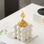 Ceramic Cube Golden Incense Burner Handheld Eid Incense Burner Middle East Arabian Festival Incense Holder Home Decoration Ornament Aromatherapy Furnace (White)