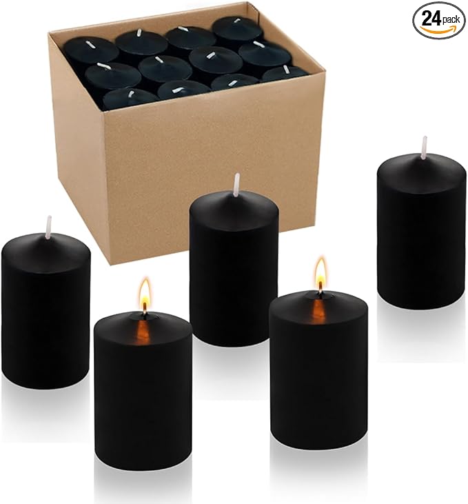 24 Packs Black Votive Candles, Unscented Small 1.5 Inch Diameter 2.0 Inch Tall Wax Candles for Halloween Wedding, Party & Home Dinner Table Decoration - 12 Hour Burn Time
