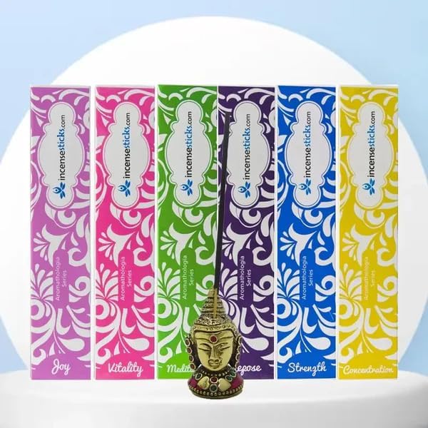 Aromatherapy Incense Set (8") – 6 Packs & Brass Incense Holder – Includes 1 Pack Each of Bergamot, Chamomile, Grapefruit, Orange, Basil & Angelica Based Blends – 12 Sticks per Pack