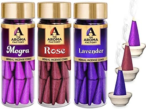 The Aroma Factory Organic Dhoop Cones | Rose, Mogra & Lavender Incense Cones |No Charcoal, Scented Incense | 3x30 Cones, Pack of 3