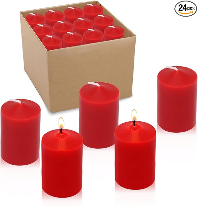 24 Packs Red Colored Votive Candles, Unscented Small 1.5 Inch Diameter 2.0 Inch Tall Wax Candles for Wedding, Party & Home Dinner Table Decoration - 12 Hour Burn Time