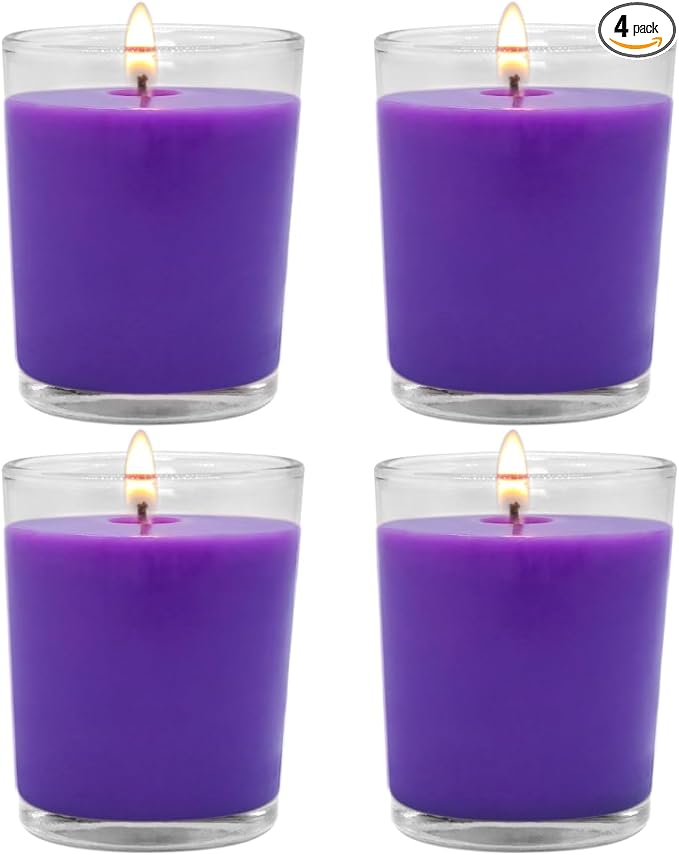 Set of 4 Purple Votive Candles, Clear Glass Filled Soy Wax Lavender Scented Candles for Home Spa Stress Relax and DIY