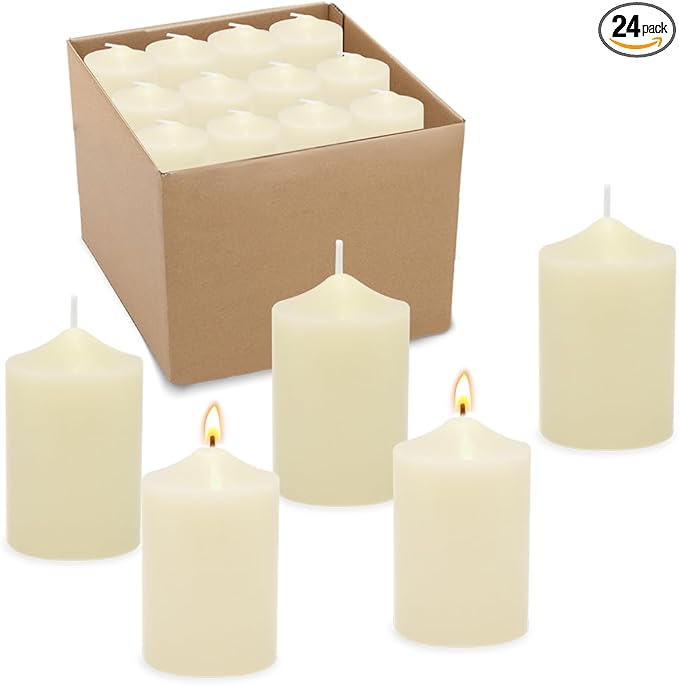 24 Packs Ivory Votive Candles, Unscented Small 1.5 Inch by 2.0 Inch Wax Candles for Wedding, Party & Home Dinner Table Decoration - 12 Hour Burning