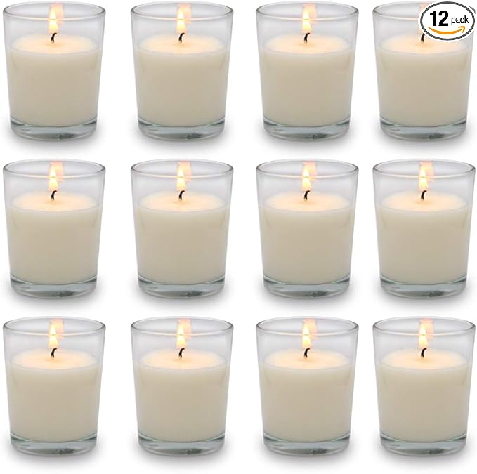 Set of 12 White Votive Candles Clear Glass Filled Unscented Soy Wax Candle for Home Décor Spa Weddings Birthday Holidays Party and DIY