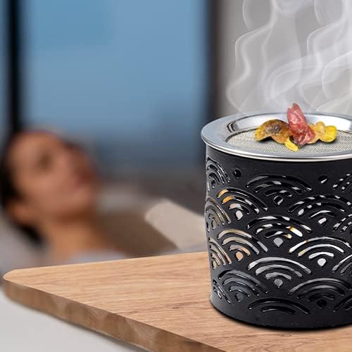 Handcrafted Black Iron Incense Burner - Height 2.36 inch with Exchangeable Stainless Steel Incense Sieve for Safe Burning with Tealight - Aromatic Censer and Essential Oils Holder