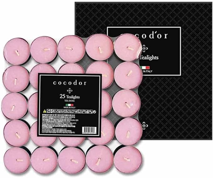 COCODOR Scented Tealight Candles/Tea Rose / 25 Pack / 4-5 Hour Extended Burn Time/Made in Italy, Cotton Wick, Scented Home Deco, Fragrance, Mother's day