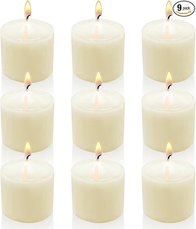 Ivory Votive Candles, 9 Packs Unscented Small Votives for Wedding, Holiday Party, Home Decoration (8 Hour), 1.5" D x 1.25" H