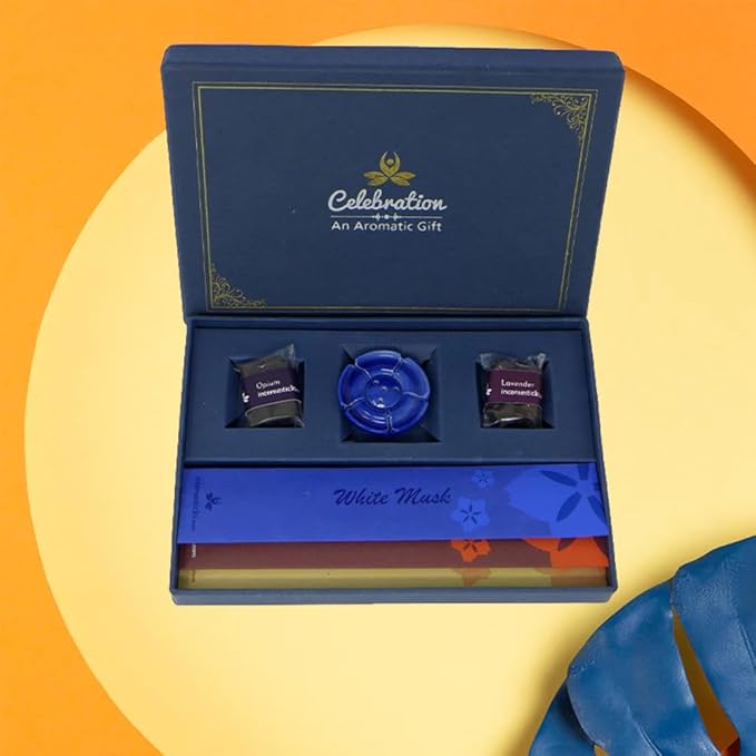Celebration Incense Gift Box| an Aromatic Gift|This Pack Contains 3 Assorted Incense Packs (Myrrh, Himalayan Forest & Musk), 8 Incense Cones (4 Opium & 4 Lavender), 1 Incense Holder