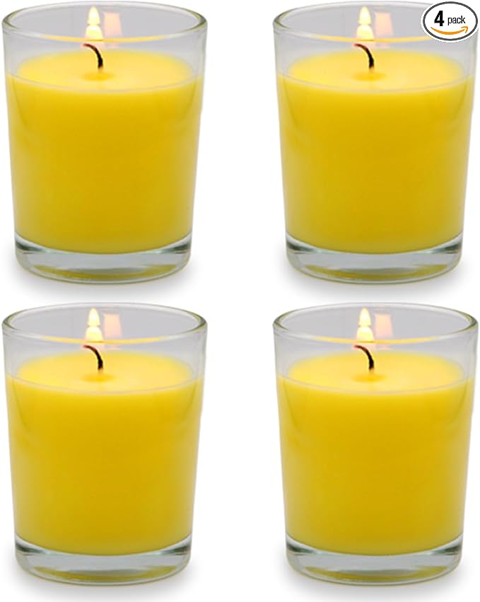 Small Citronella Candles Outdoor and Indoor, Yellow Soy Wax Votive Candles for Party Dinner and Camping - 12 Hours Burn Time, Set of 4