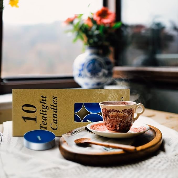 10 Pack Tea Candles Wedding Party and Home Decoration Votive Parties Tealight Small Wishing Bulk with 1.5-2 Hours Extended Burn Time Mini for Birthday Emergency Family (Blue)