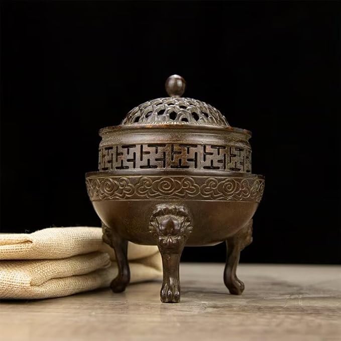 Copper Incense Burner Chinese Brass Incense Burner Kit Traditional Zen Incense Burner Antique Style Office Yoga Home Decor 4.2 * 4.2 * 5.1IN 1.8LB
