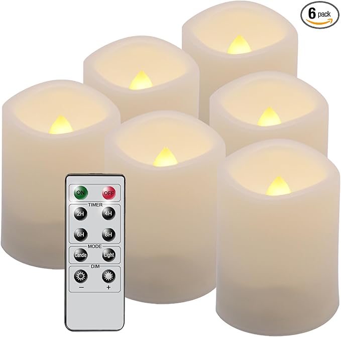 Eldnacele Flameless Flickering Votive Battery Operated Tealight Candles with Remote Control, Warm White Light Realistic Outdoor LED Candles Bulk Set of 6 for Parties Decoration(Batteries Included)