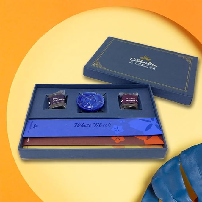 Celebration Incense Gift Box| an Aromatic Gift|This Pack Contains 3 Assorted Incense Packs (Myrrh, Himalayan Forest & Musk), 8 Incense Cones (4 Opium & 4 Lavender), 1 Incense Holder