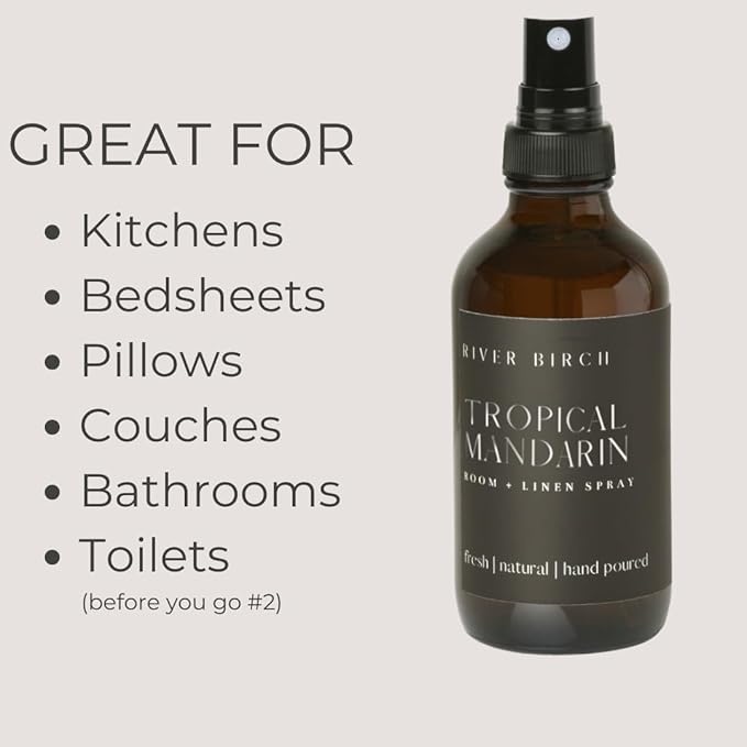 River Birch Tropical Mandarin Scented Linen and Room Spray | Home Fragrance | 4 oz Glass Amber Bottle | Luxury Signature Scent | Handmade in Texas