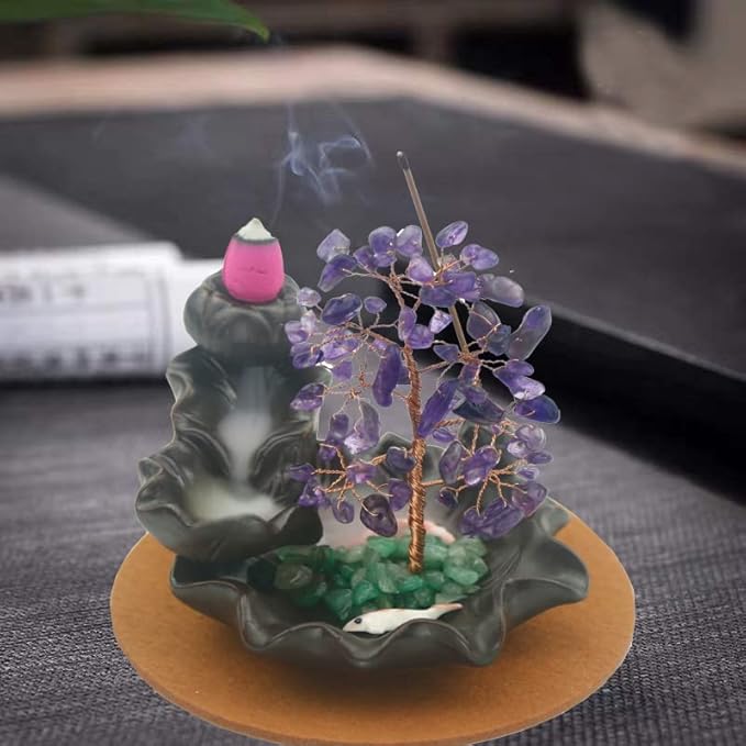 Ceramic Waterfall Incense Burner, Money Tree Backflow Holder Healing Crystal Stone, with 30 Cones + Stick for Yoga Meditation Home Zen Decoration(Amethyst)