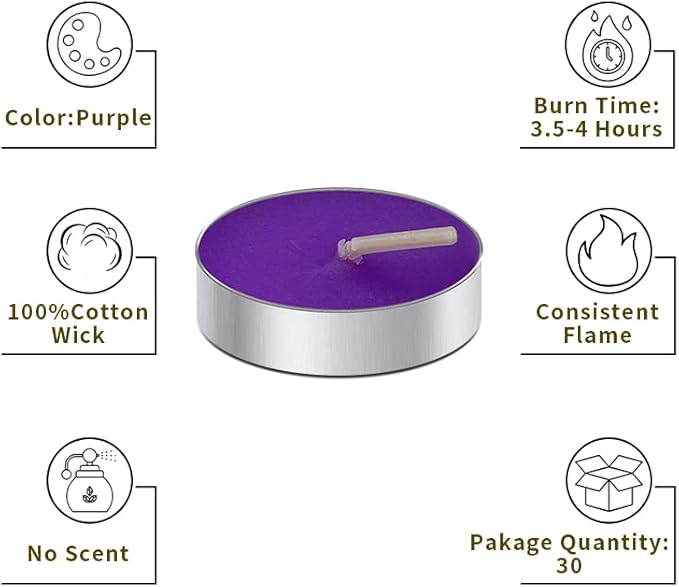 10 Pack Tea Candles Wedding Party and Home Decoration Votive Parties Tealight Small Wishing Bulk with 1.5-2 Hours Extended Burn Time Mini for Birthday Emergency Family (Purple)