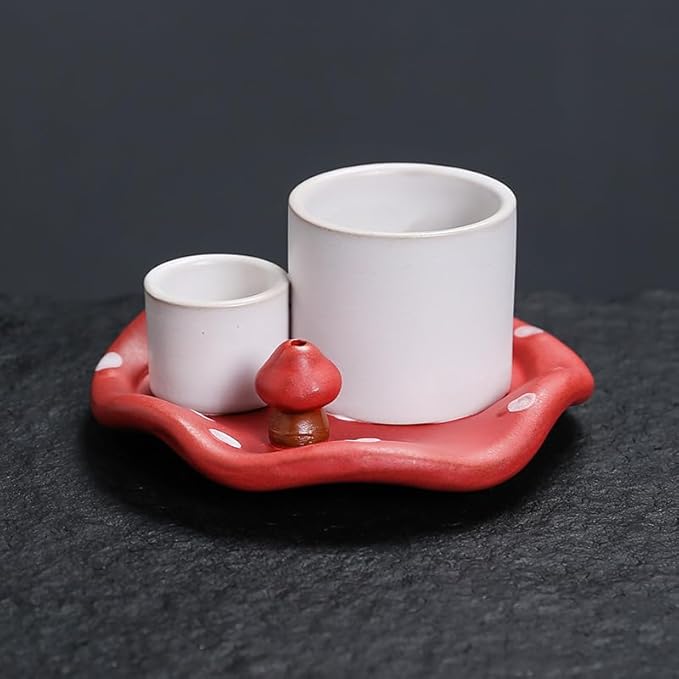 Mushroom Ceramic Incense Holder Set,4-in-1 Design for Sage, Palo Santo, Incense Sticks Candles,Red Ceramic Ash Catcher Tray for Mess-Free Meditation, Yoga and Home Decor